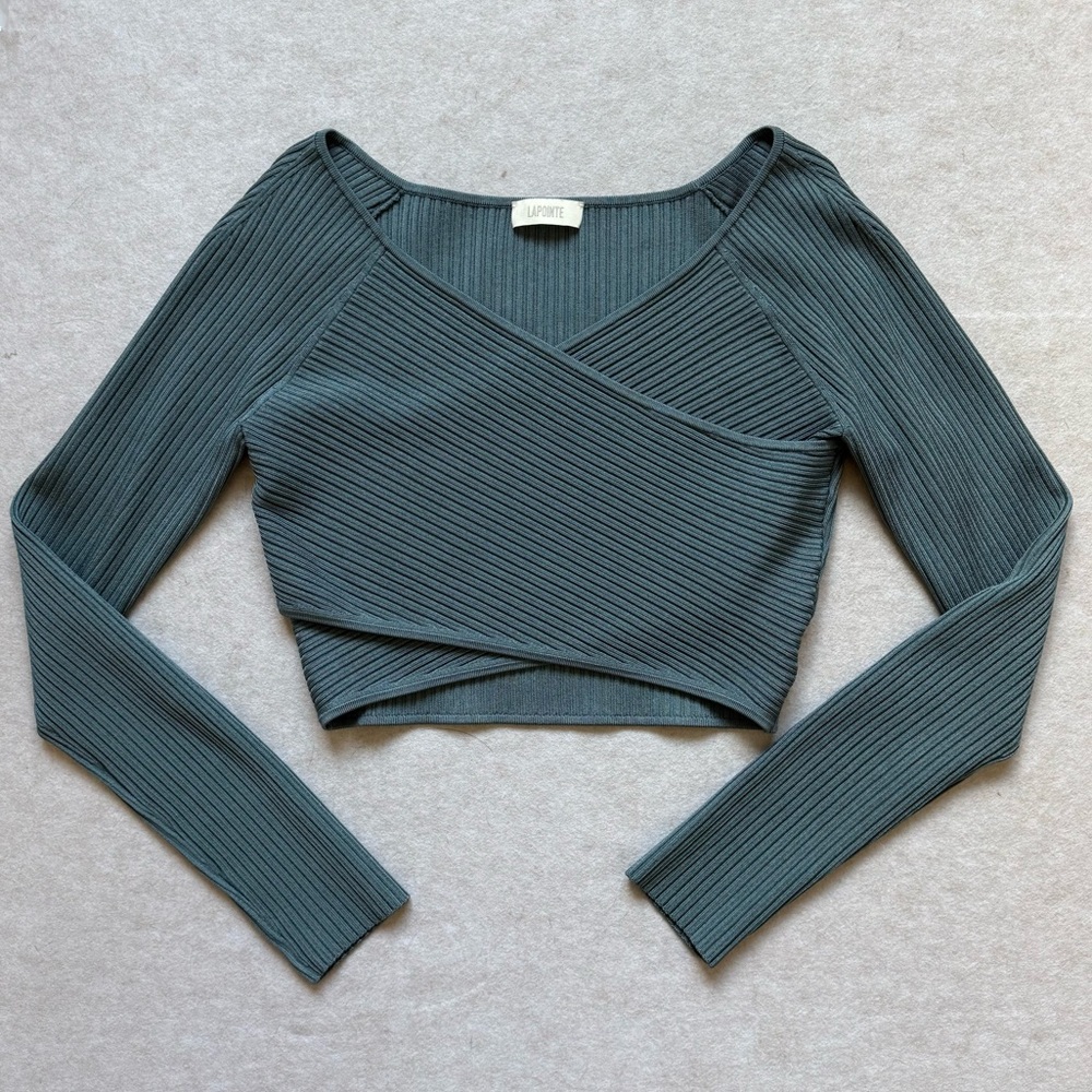 LAPOINTE Ribbed Knit Surplice Crop Top M - Picture 4 of 10